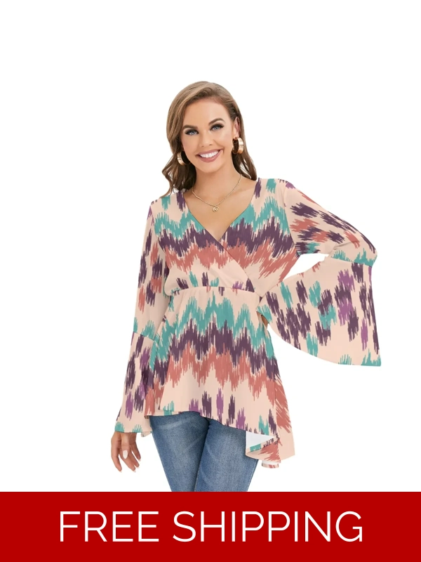 Motiff V-Neck Blouse with Flared Sleeves